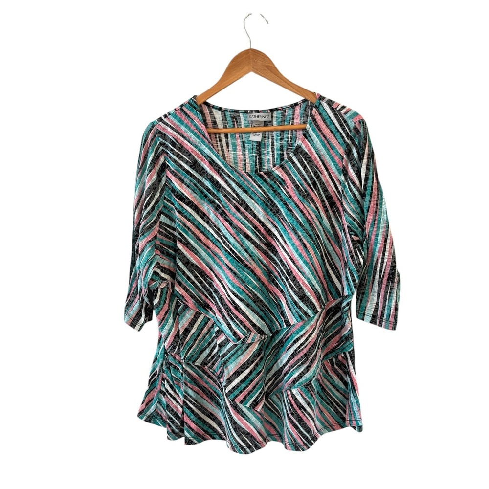 Catherines Striped Ruffle Tunic Top Womens 1XWP Gauzy 3/4 Sleeve Coastal Beach